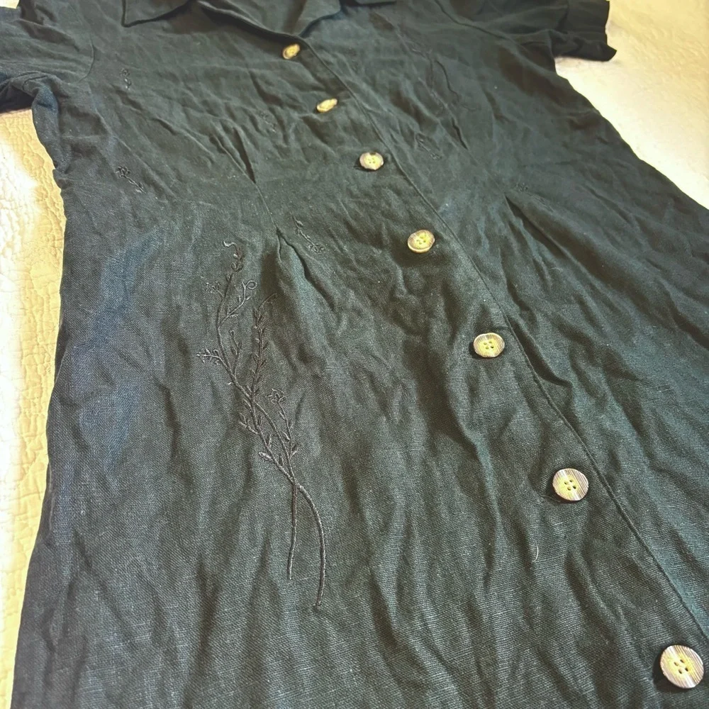 Black Linen Blend Embroidered Button-Front Midi Dress | Mosaic | Size 10 - Picture 2 of 14